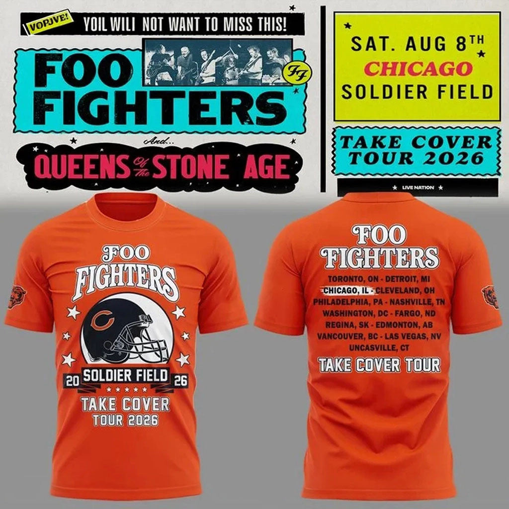 Chicago Bears X Foo Fighters Take Cover Tour 2026 T-Shirt Orange Foo Fighters Merch BFF Gifts - Merchluma