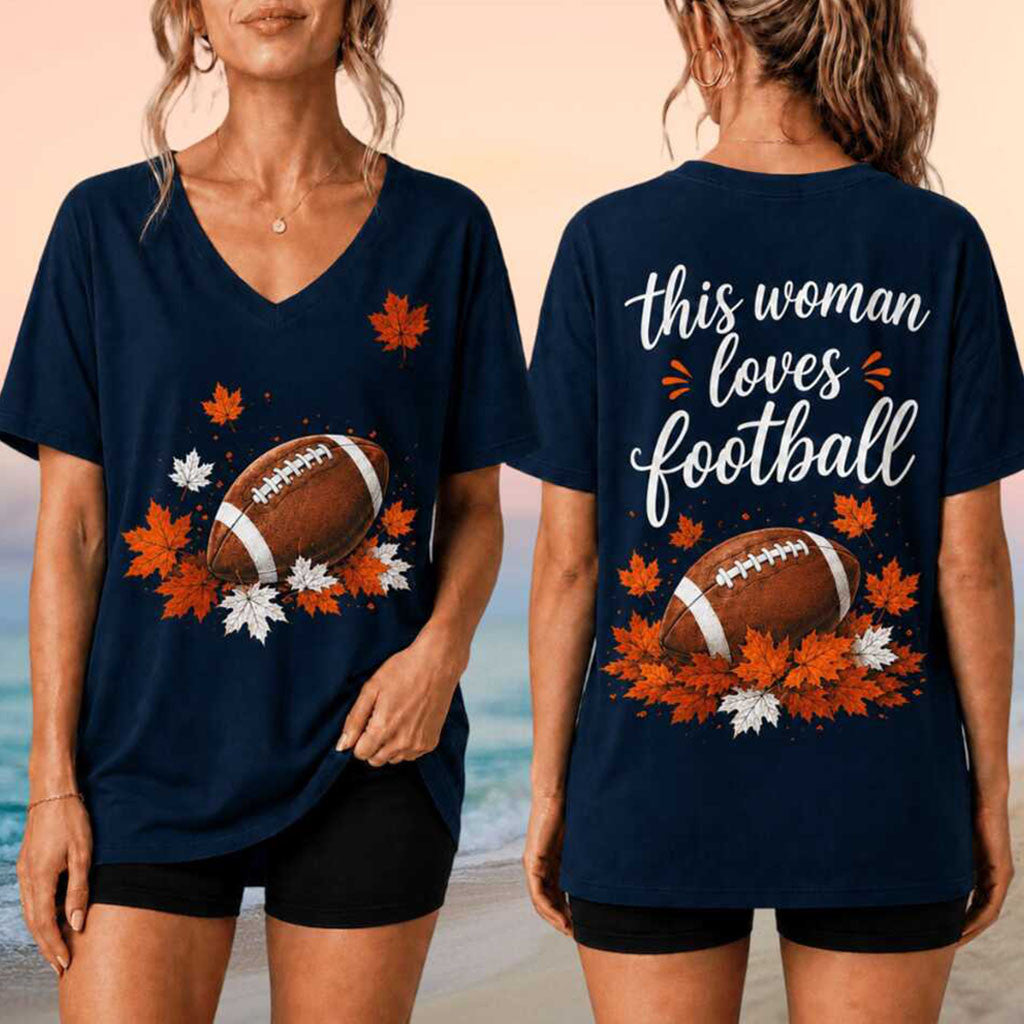 This Woman Love Football V-Neck Shirt Fall Football Season Apparel Game Day Gift For Her - Merchluma