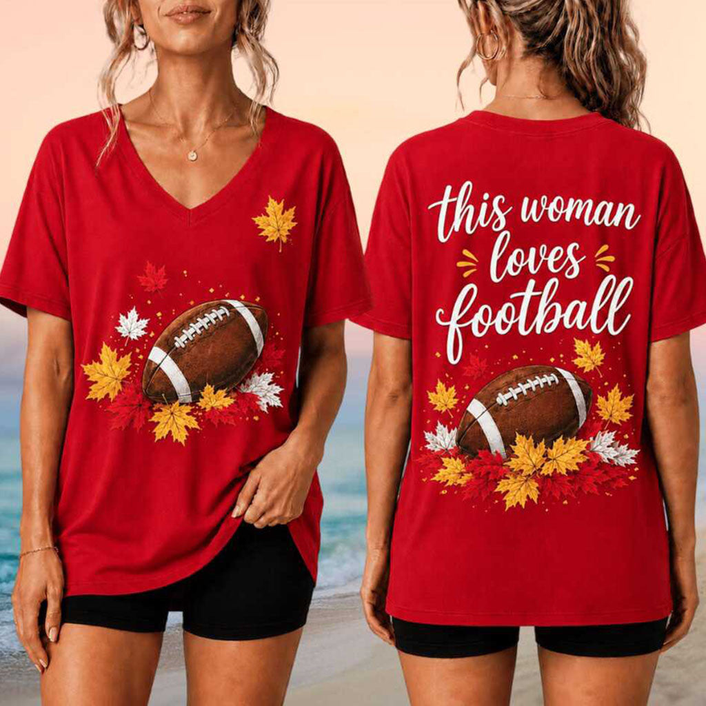This Woman Love Football V-Neck Shirt Fall Season Merch Great Football Gifts - Merchluma