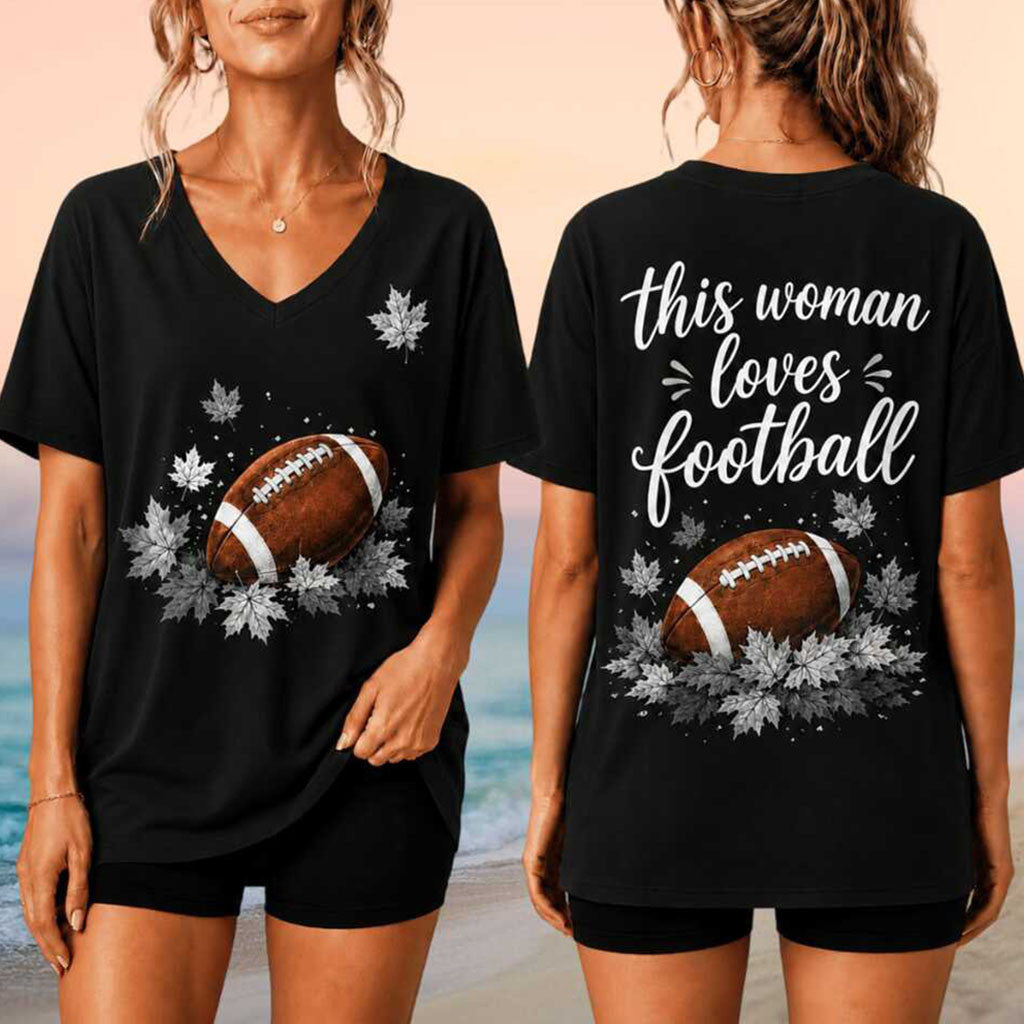 This Woman Love Football V-Neck Shirt Black Autumn Fall Outfit Gift For Football Fans - Merchluma