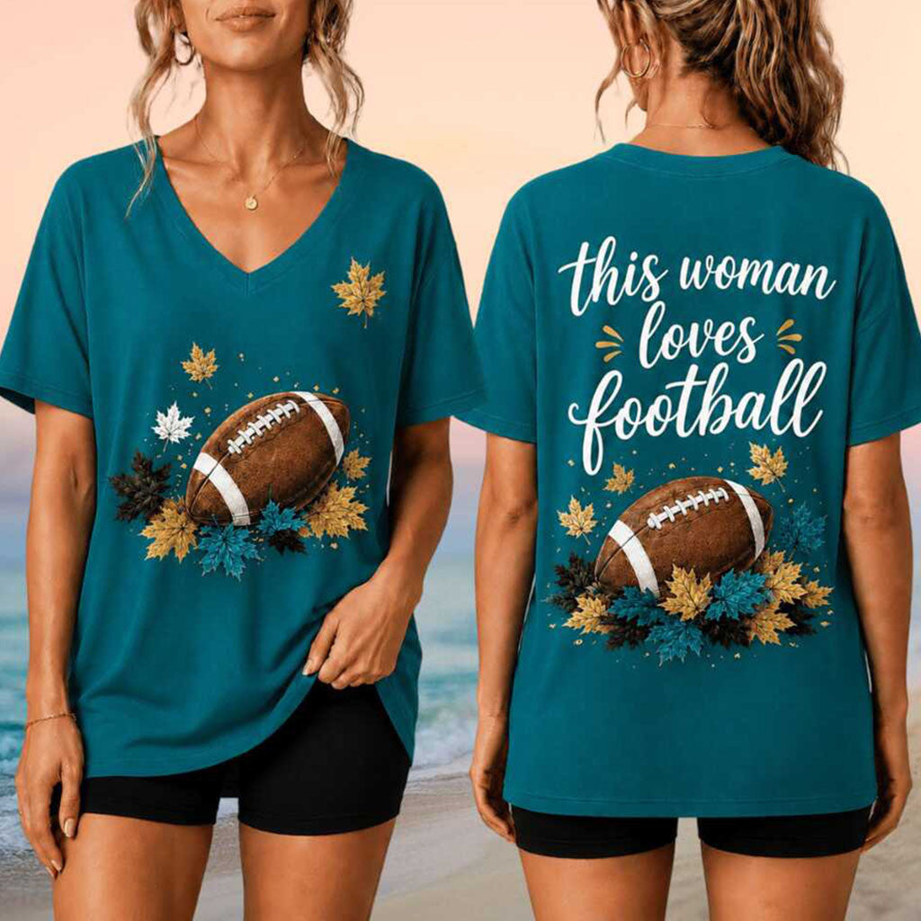 This Woman Love Football V-Neck Shirt Autumn Fall Outfit Presents For Football Lovers - Merchluma