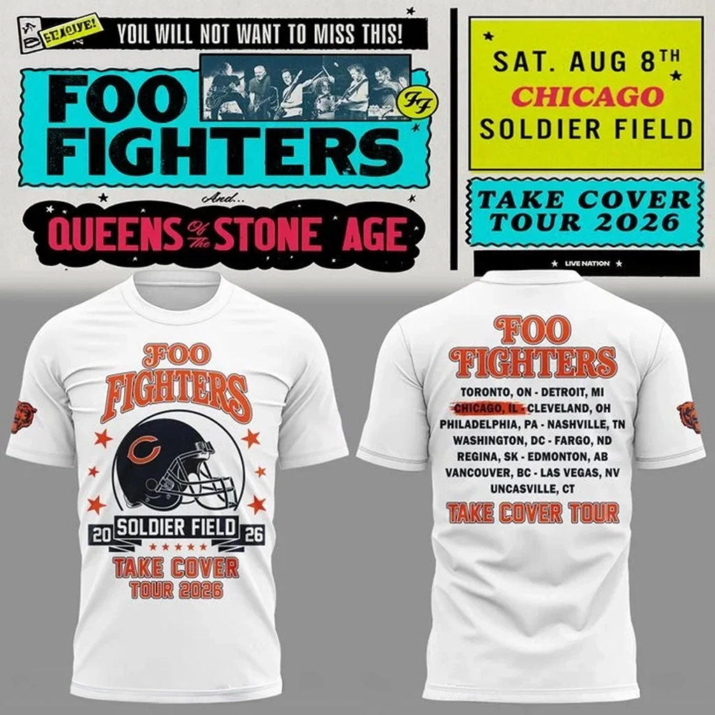 Chicago Bears X Foo Fighters Take Cover Tour 2026 T-Shirt White Chicago Bears Merch Him Gifts - Merchluma