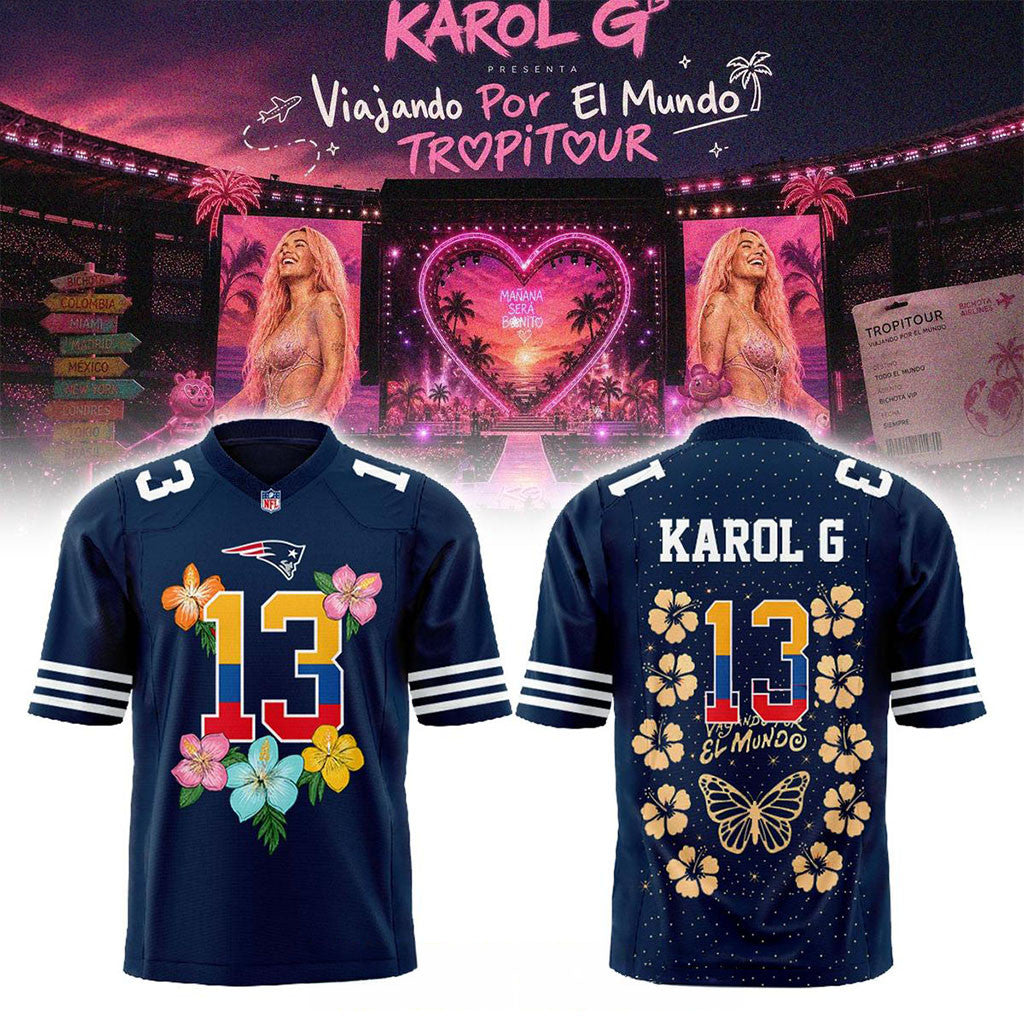 New England Patriots x Karol G Merch Viajando Por El Mundo TropiTour 2026 Football Jersey - Merchluma