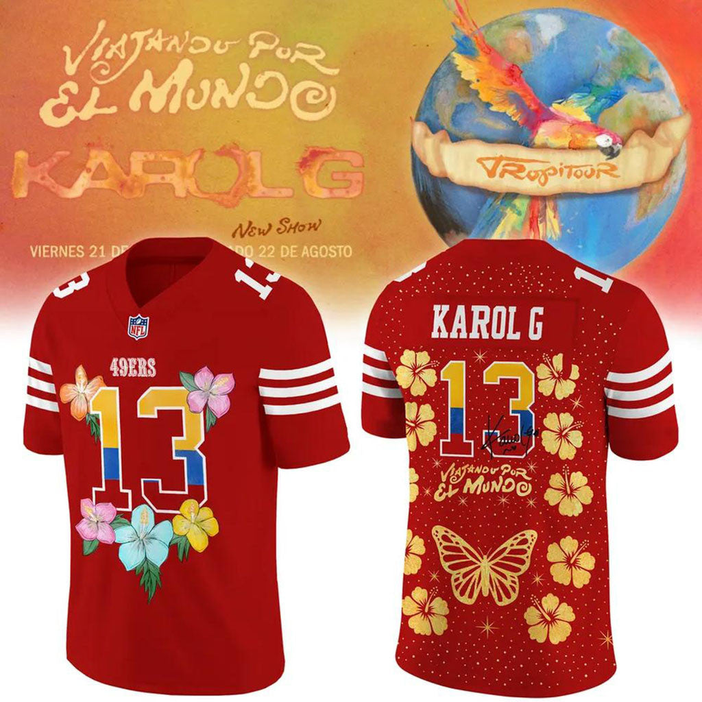 San Francisco 49ers x Karol G Merch Viajando Por El Mundo Floral Jersey Gifts For Football Fan - Merchluma