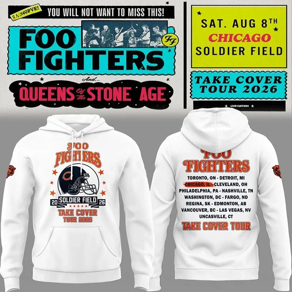 Chicago Bears X Foo Fighters Take Cover Tour 2026 Hoodie White Foo Fighters Merch Fans Gifts - Merchluma
