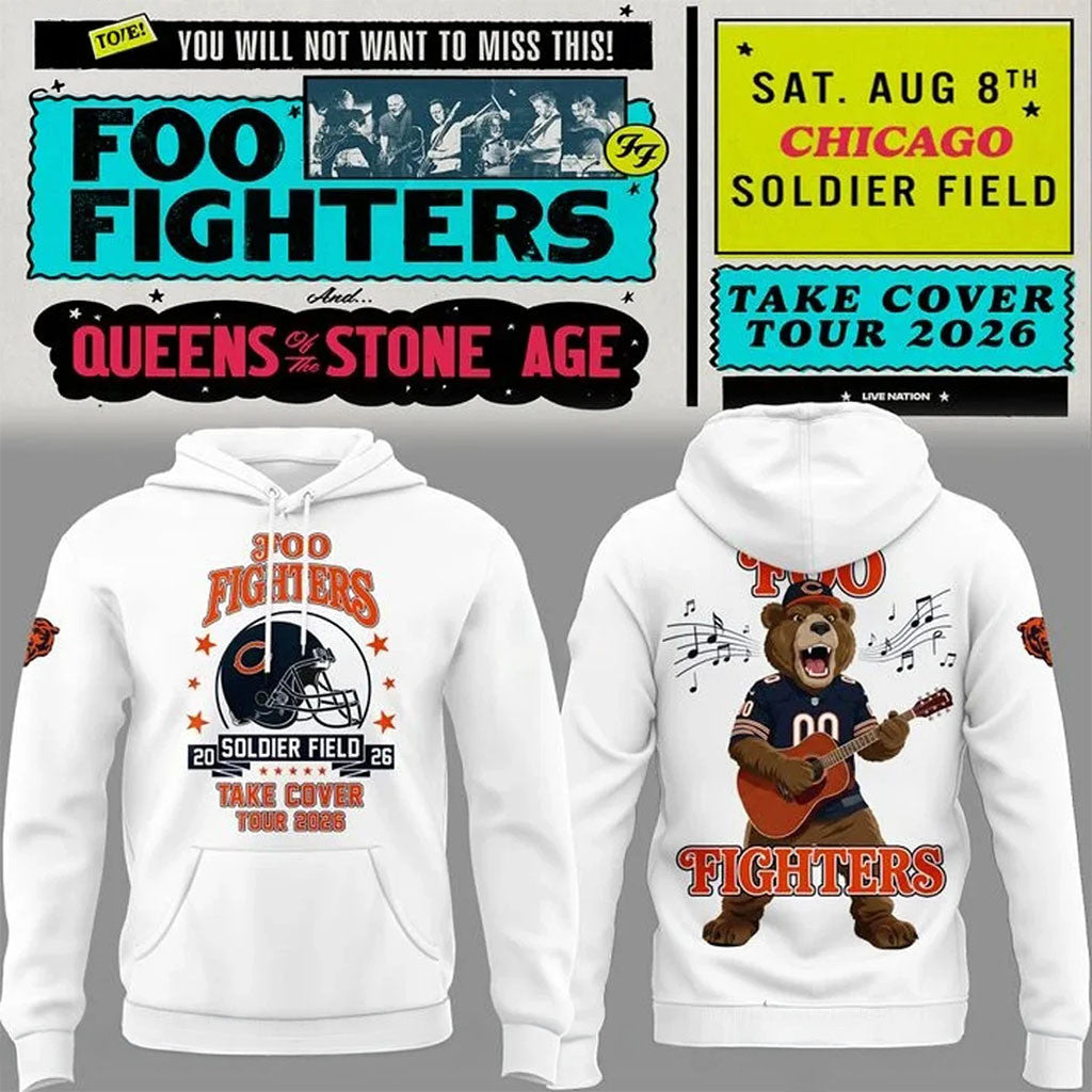 Chicago Bears x Foo Fighters Merch Take Cover Tour 2026 Hoodie White Best Gifts For Football Fans - Merchluma