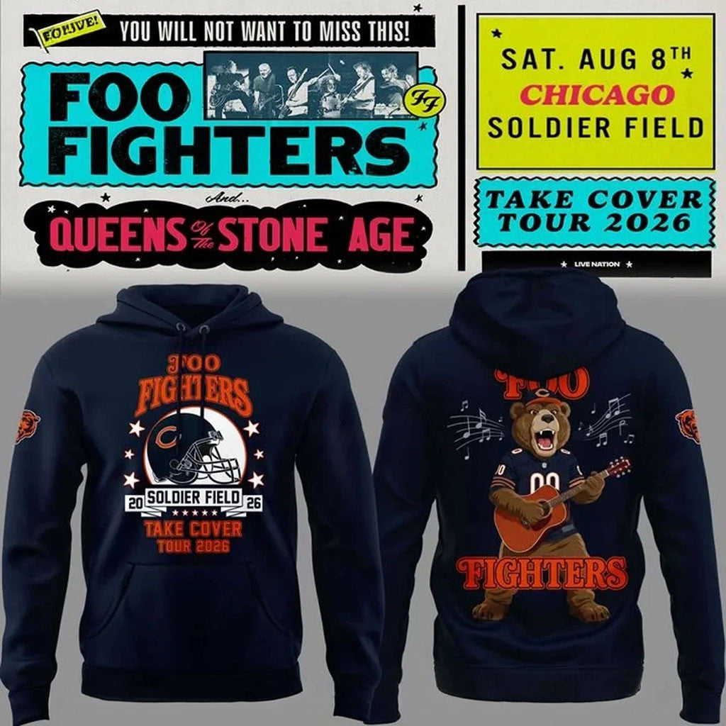 Chicago Bears x Foo Fighters Merch Take Cover Tour 2026 Hoodie Navy Presents For Football Fans - Merchluma