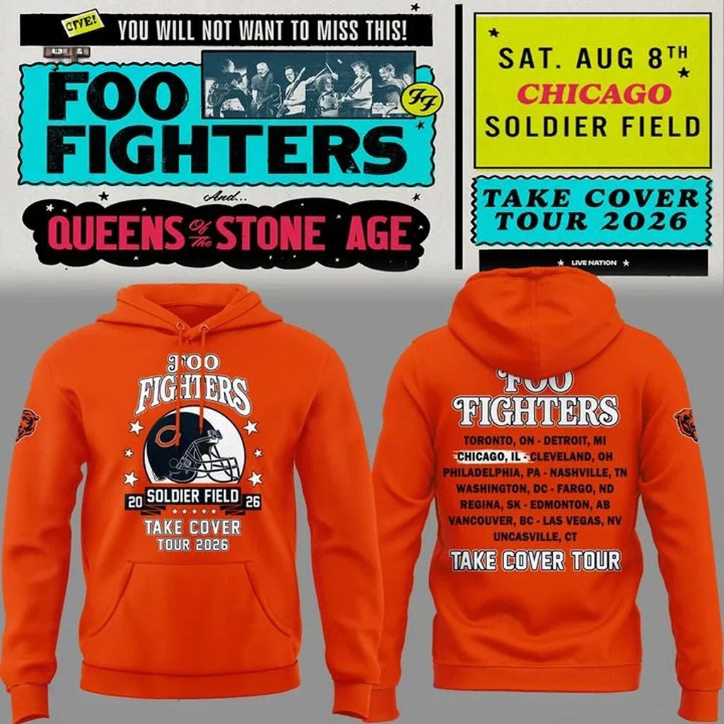 Chicago Bears X Foo Fighters Take Cover Tour 2026 Hoodie Orange Foo Fighters Merch Son Gifts - Merchluma
