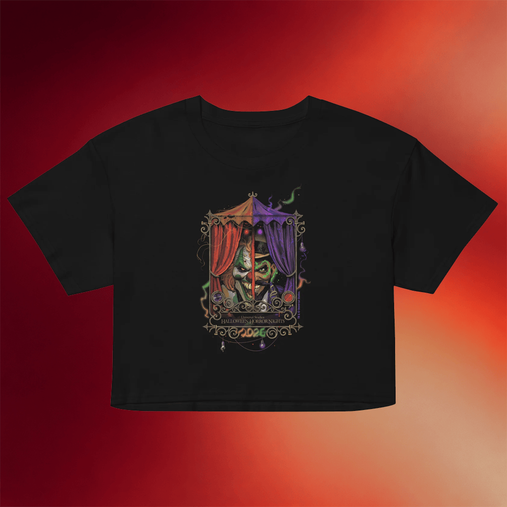 Halloween Horror Nights Merch 2026 Featuring Jack the Clown and Dr Oddfellow Cropped Shirt - Merchluma