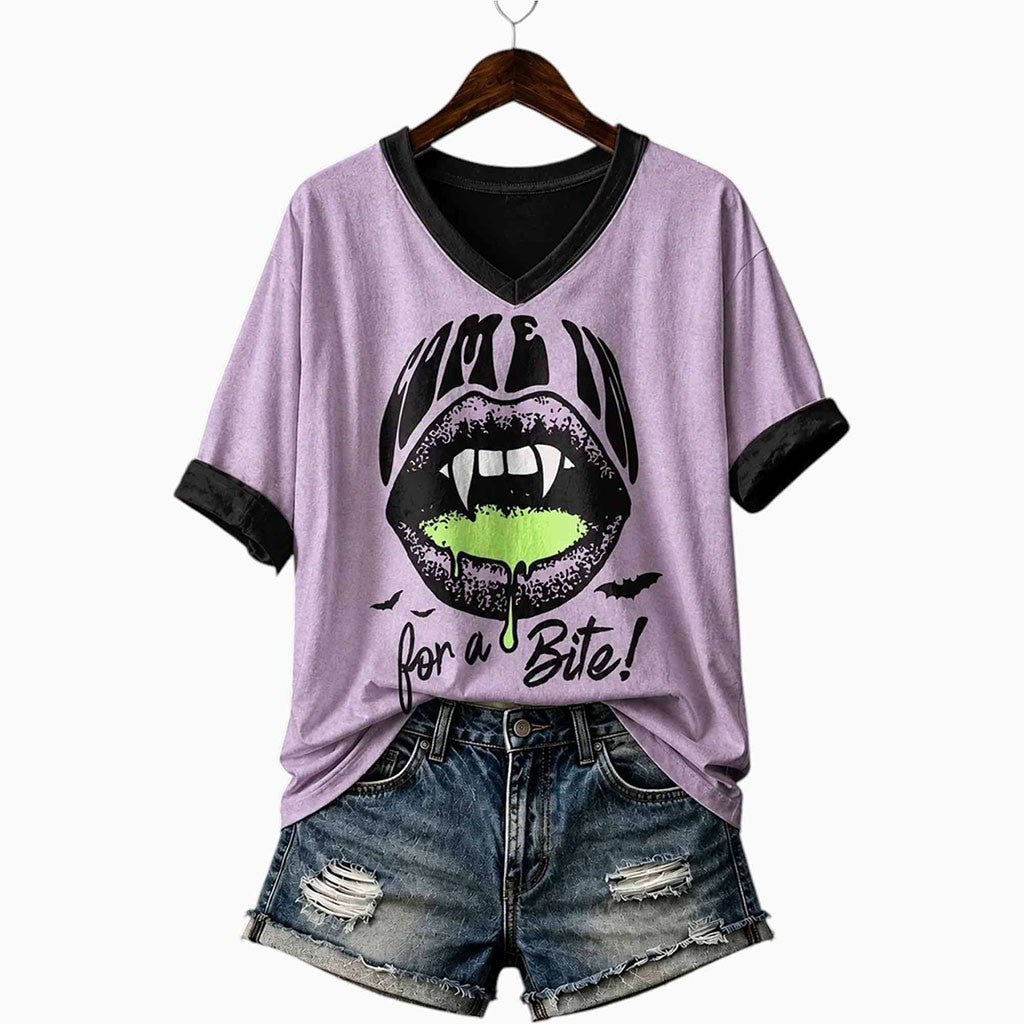 2026 Come In For A Bite Vampire Lips V-Neck Shirt Halloween Apparel Gift For Her - Merchluma
