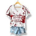 2026 No One Leaves Handprint Bloodstain Halloween V-Neck Shirt Spooky Gifts For Her - Merchluma