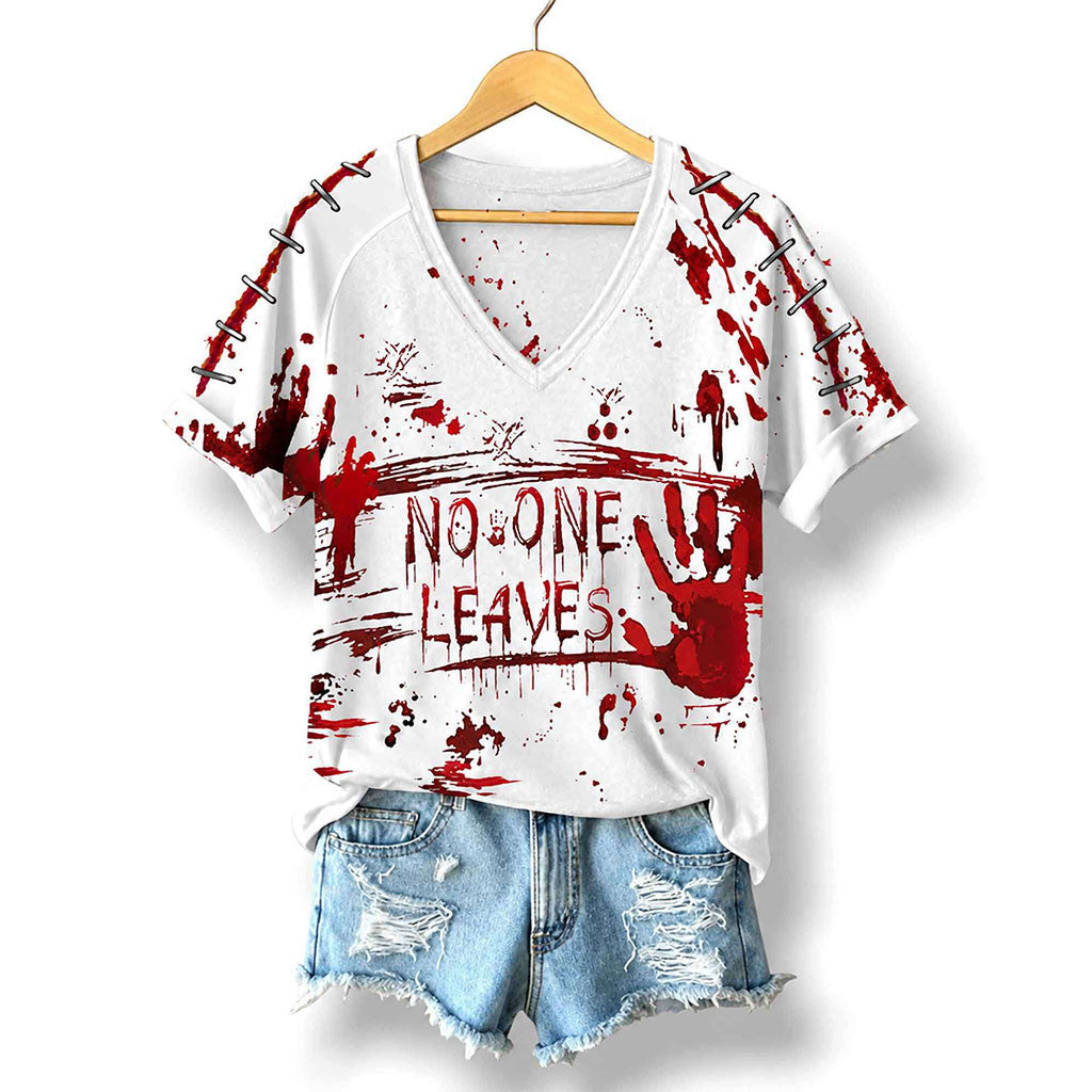2026 No One Leaves Handprint Bloodstain Halloween V-Neck Shirt Spooky Gifts For Her - Merchluma