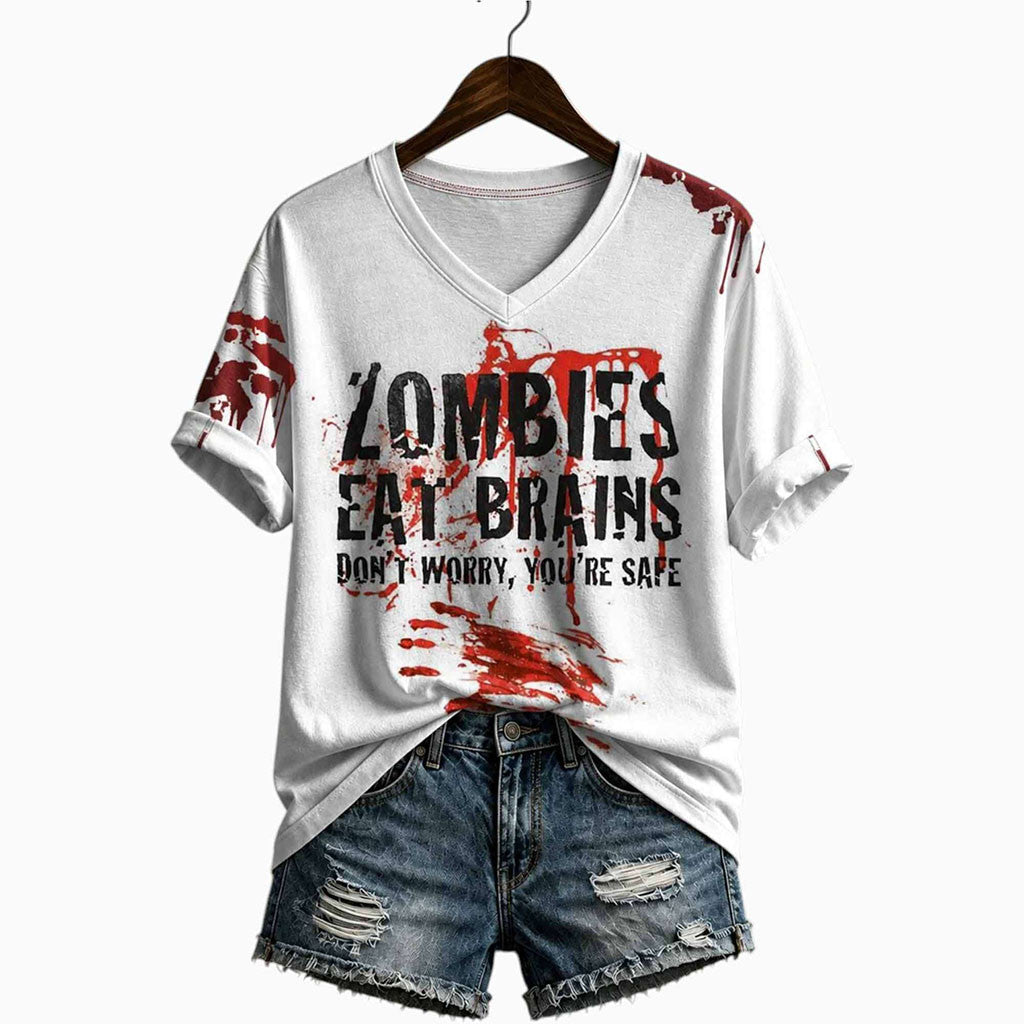 2026 Zombies Eat Brains Don't Worry You're Safe Halloween V-Neck Shirt Funny Shirts For Women - Merchluma