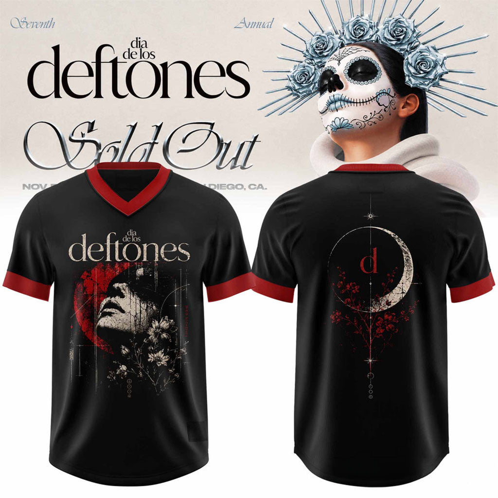 Deftones Merch 2026 Seventh Annual Dia De Los Deftones Celestial Gothic V-Neck Jersey - Merchluma