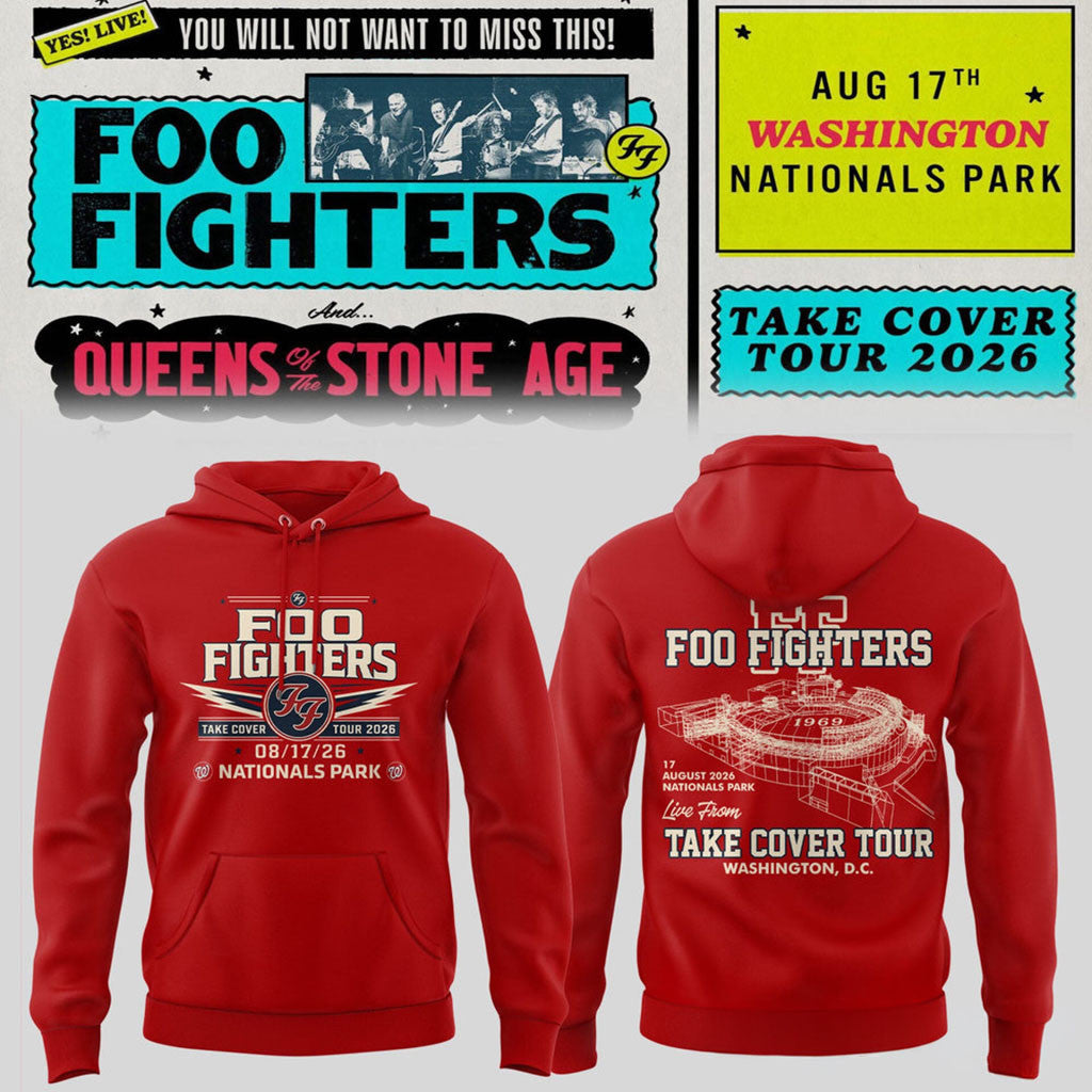 Foo Fighters Take Cover Tour 2026 Washington DC Nationals Park Hoodie Red Foo Fighters Merch - Merchluma