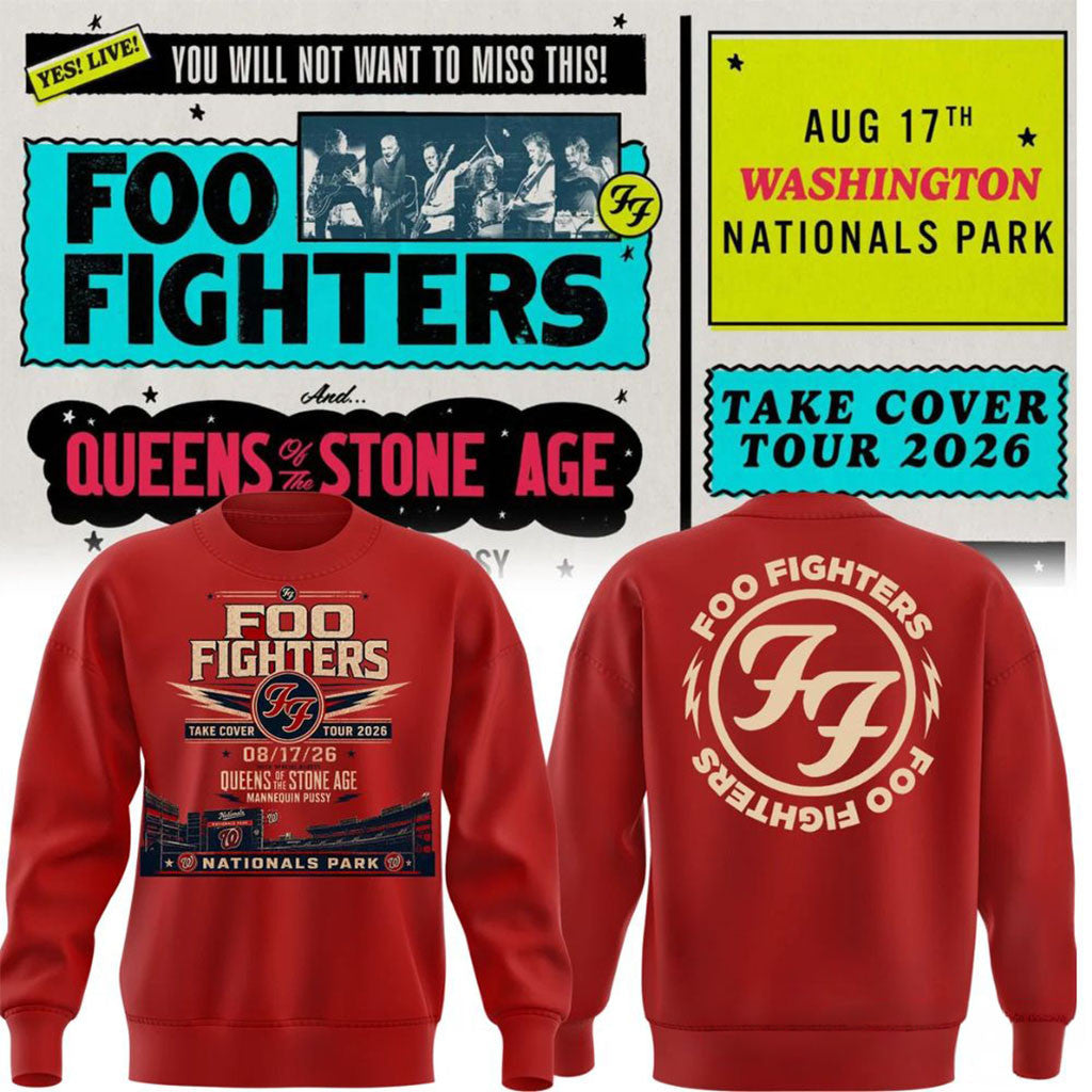 Foo Fighters Merch Take Cover Tour 2026 Washington DC Nationals Park Sweatshirt Red Fan Gear - Merchluma