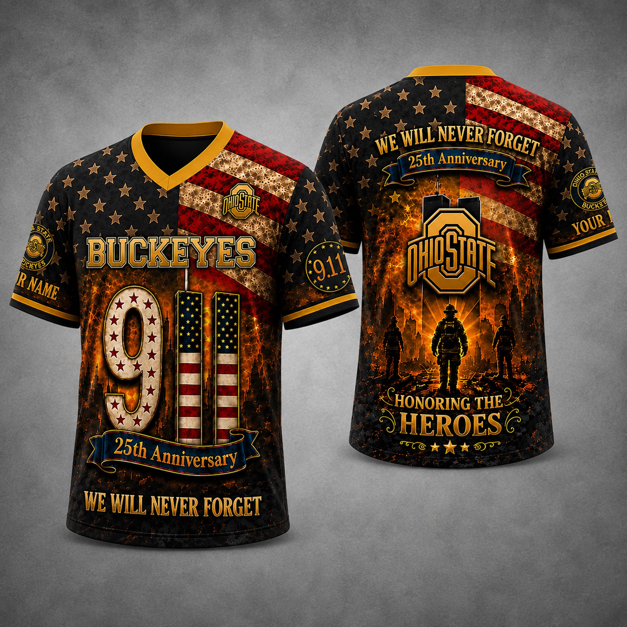 Custom Buckeyes 25th Anniversary We Will Never Forget Honoring The Heroes Jersey Buckeyes Merch - Merchluma