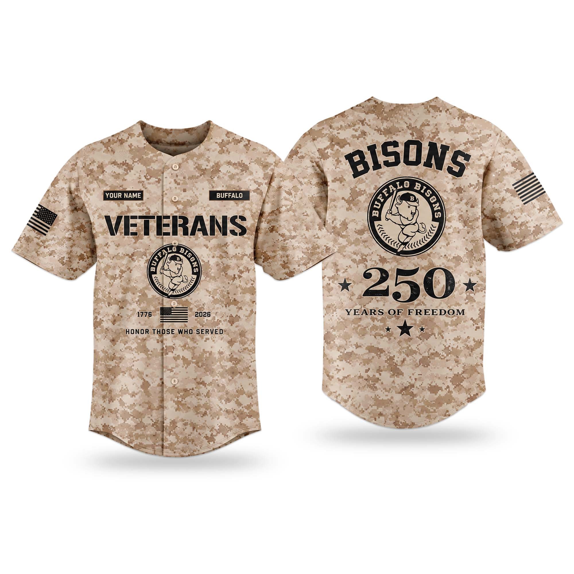 Custom 2026 Bisons Veterans Day 250 Years Of Freedom Jersey Buffalo Bisons Merch Veteran Gifts - Merchluma