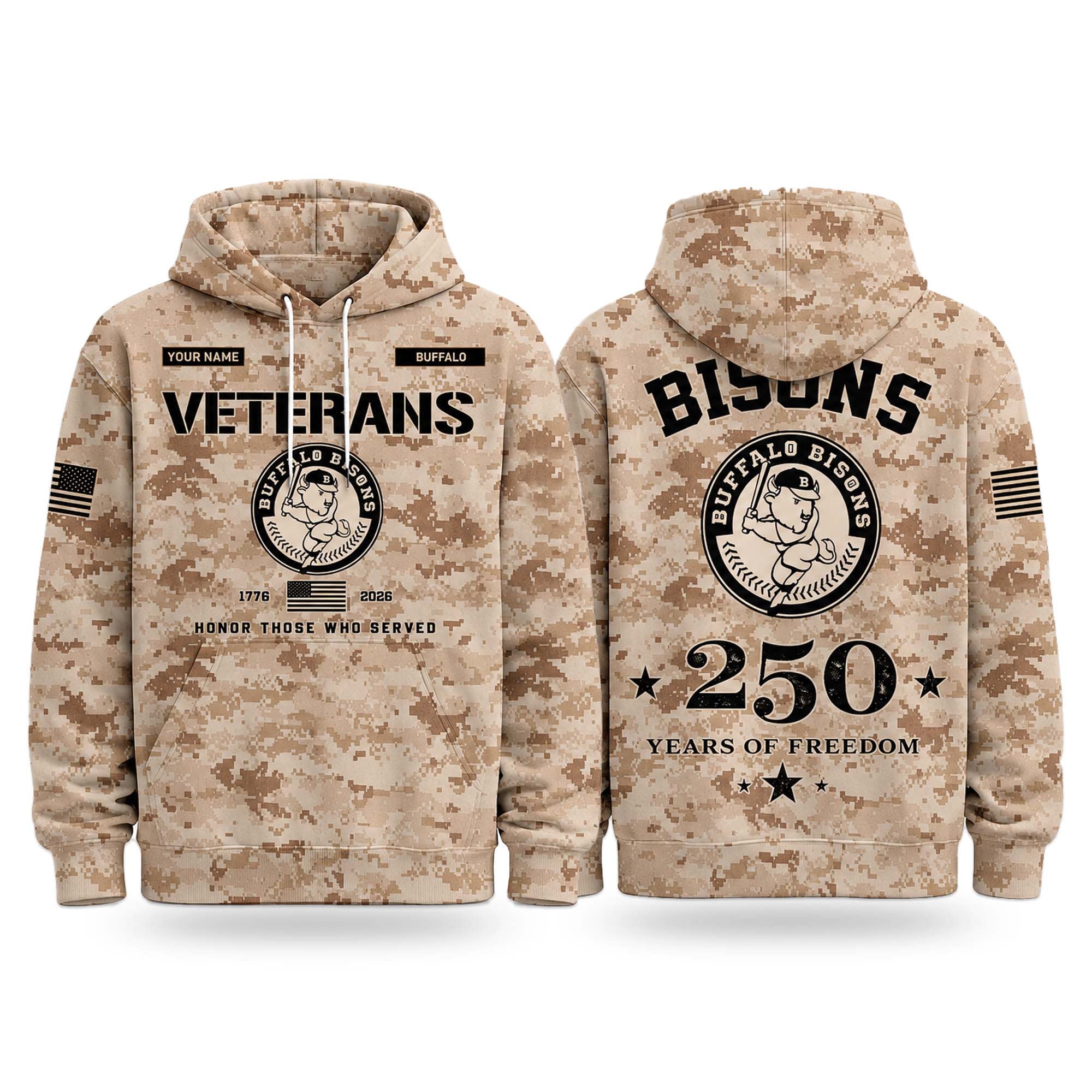 Custom 2026 Bisons Veterans Day 250 Years Of Freedom Hoodie Bisons Merch Gift For Veteran Dad - Merchluma