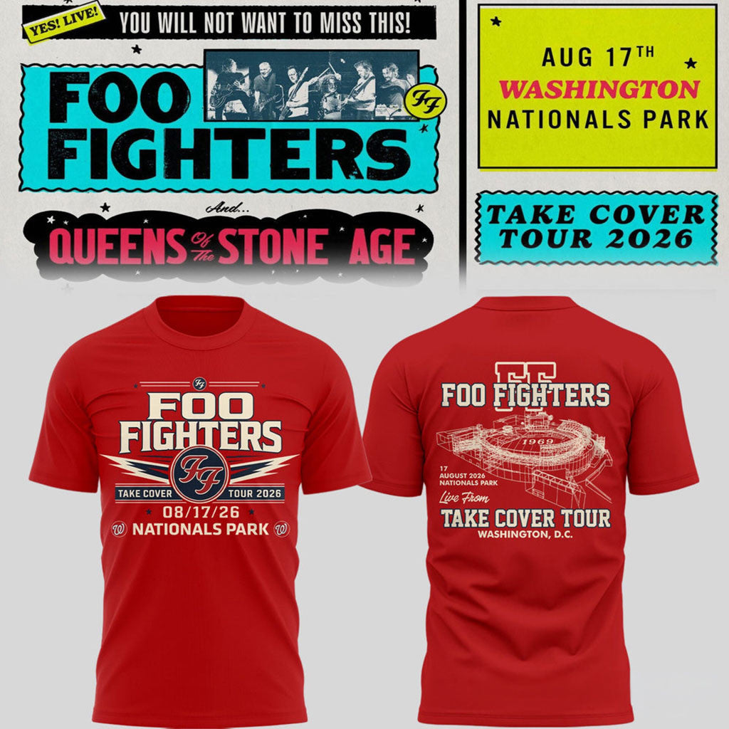 Foo Fighters Take Cover Tour 2026 Washington DC Nationals Park Shirt Red Foo Fighters Merch - Merchluma