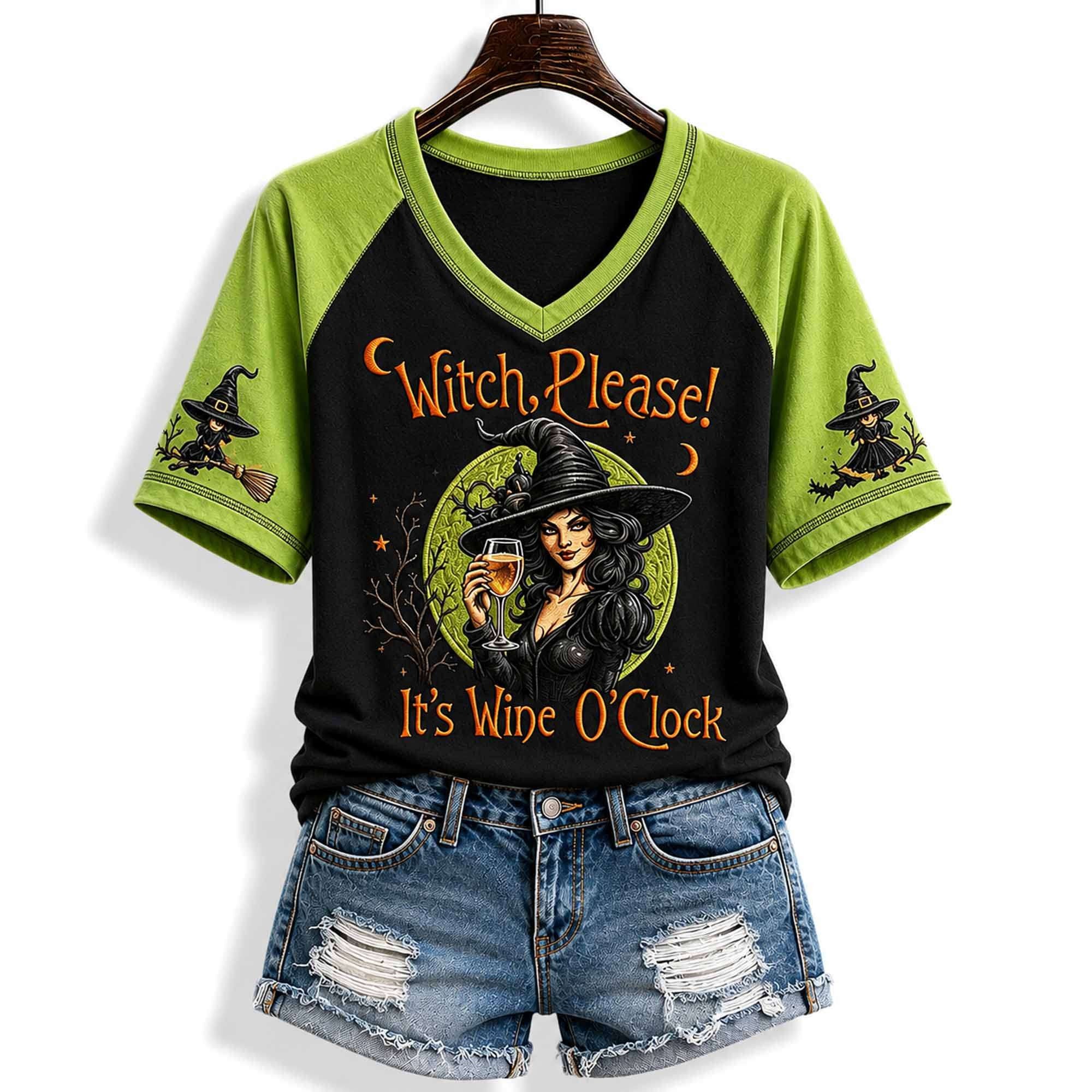 2026 Witch Please It's Wine O'Clock Halloween V-Neck Shirt Gift Ideas For Sisters - Merchluma