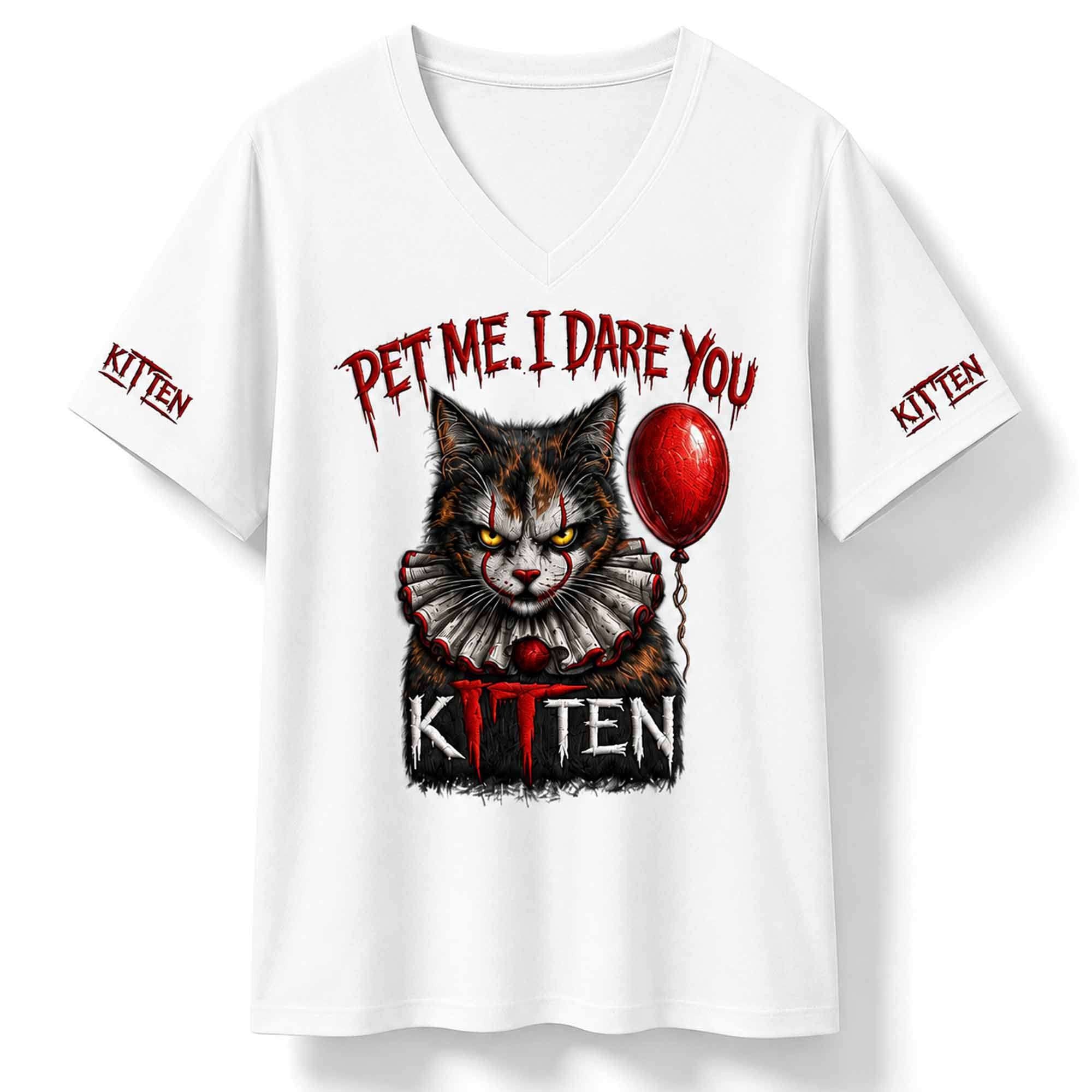 Pet Me I Dare You Creepy Kitten Halloween V-Neck Shirt Funny Clothing Gift For Cat Lovers - Merchluma