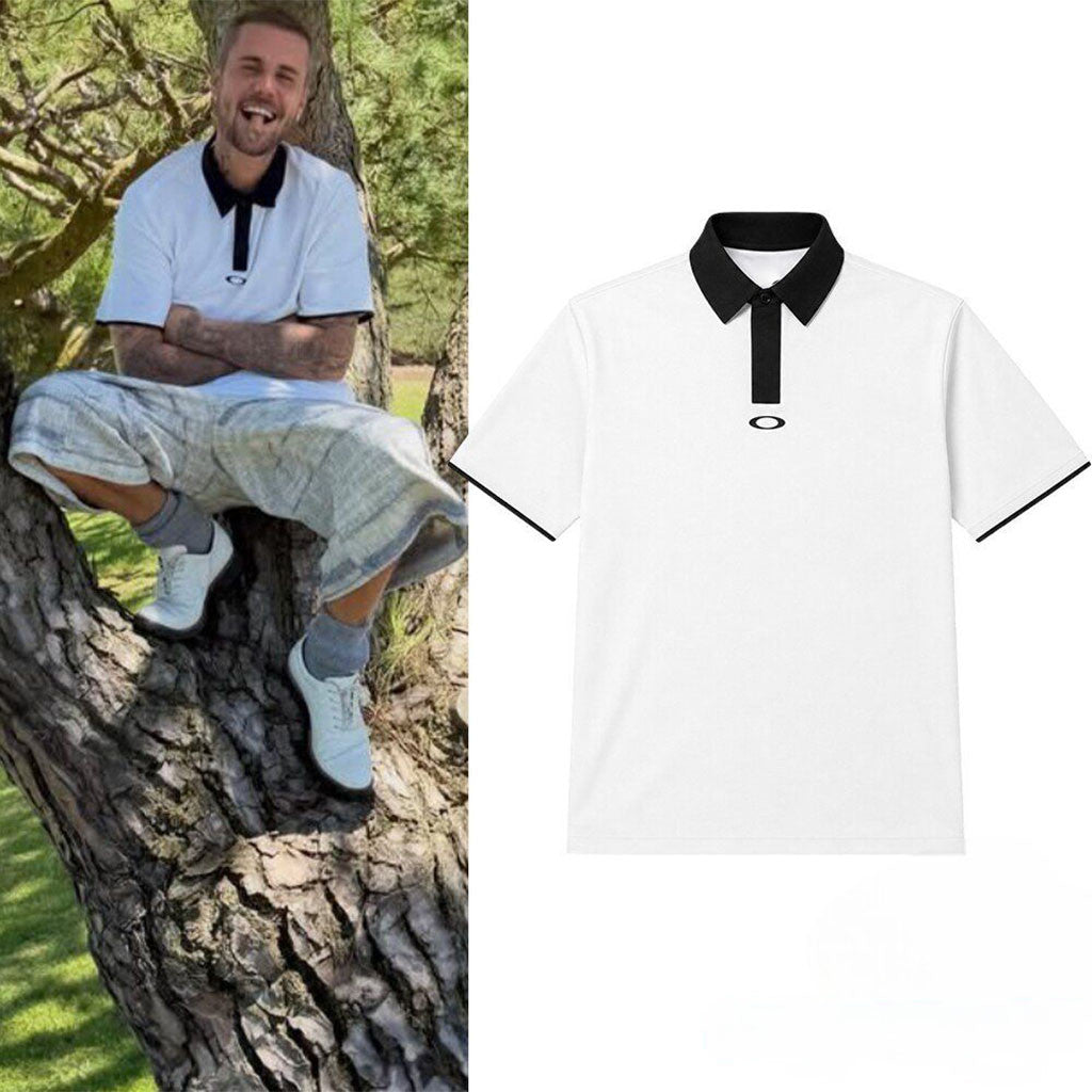 Justin Bieber Oakley Icon Golf White Black Polo Shirt Justin Bieber Merch Gifts For Music Fans - Merchluma