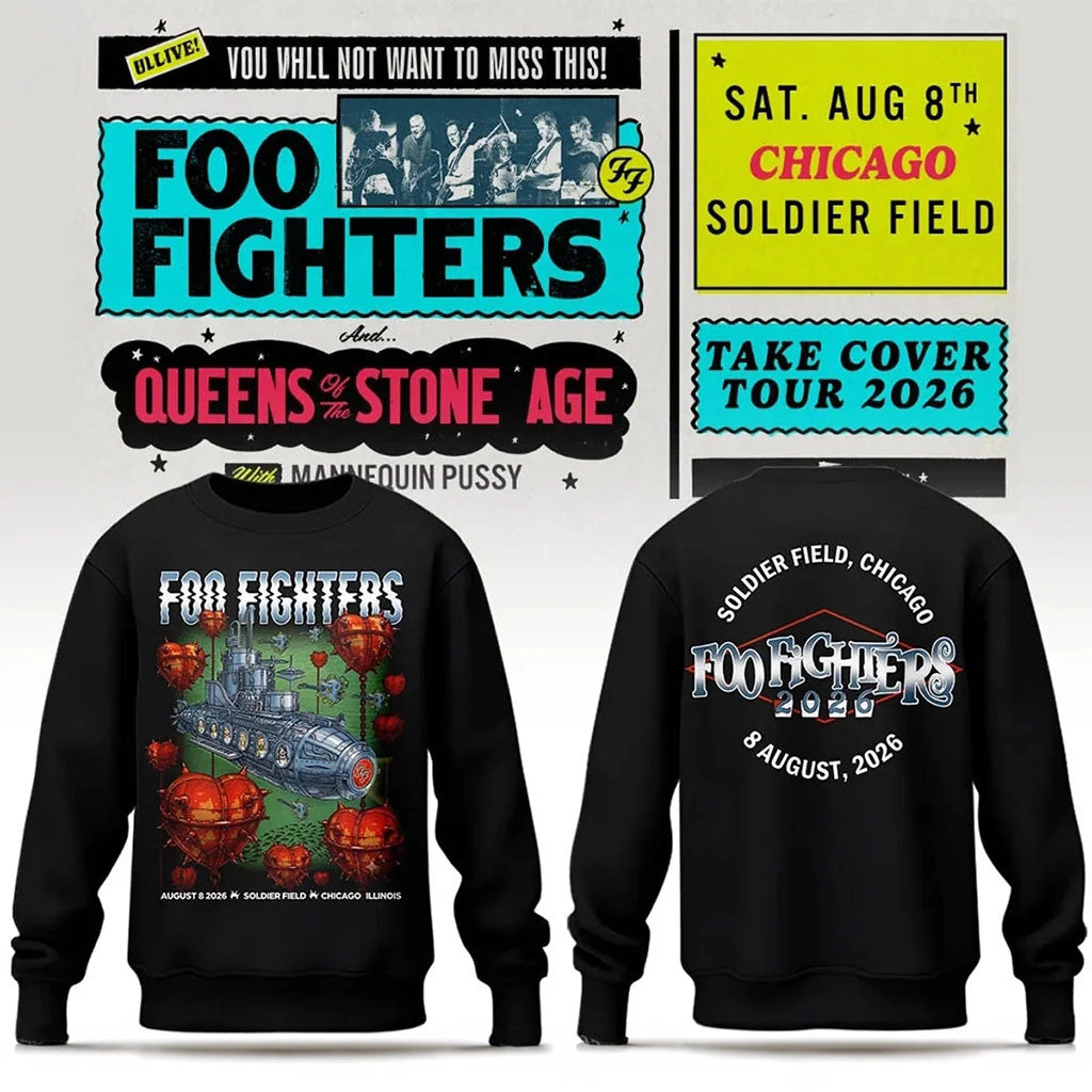 Foo Fighters Merch 2026 Take Cover Tour Chicago IL Sweatshirt Black FF Concert Merchandise - Merchluma