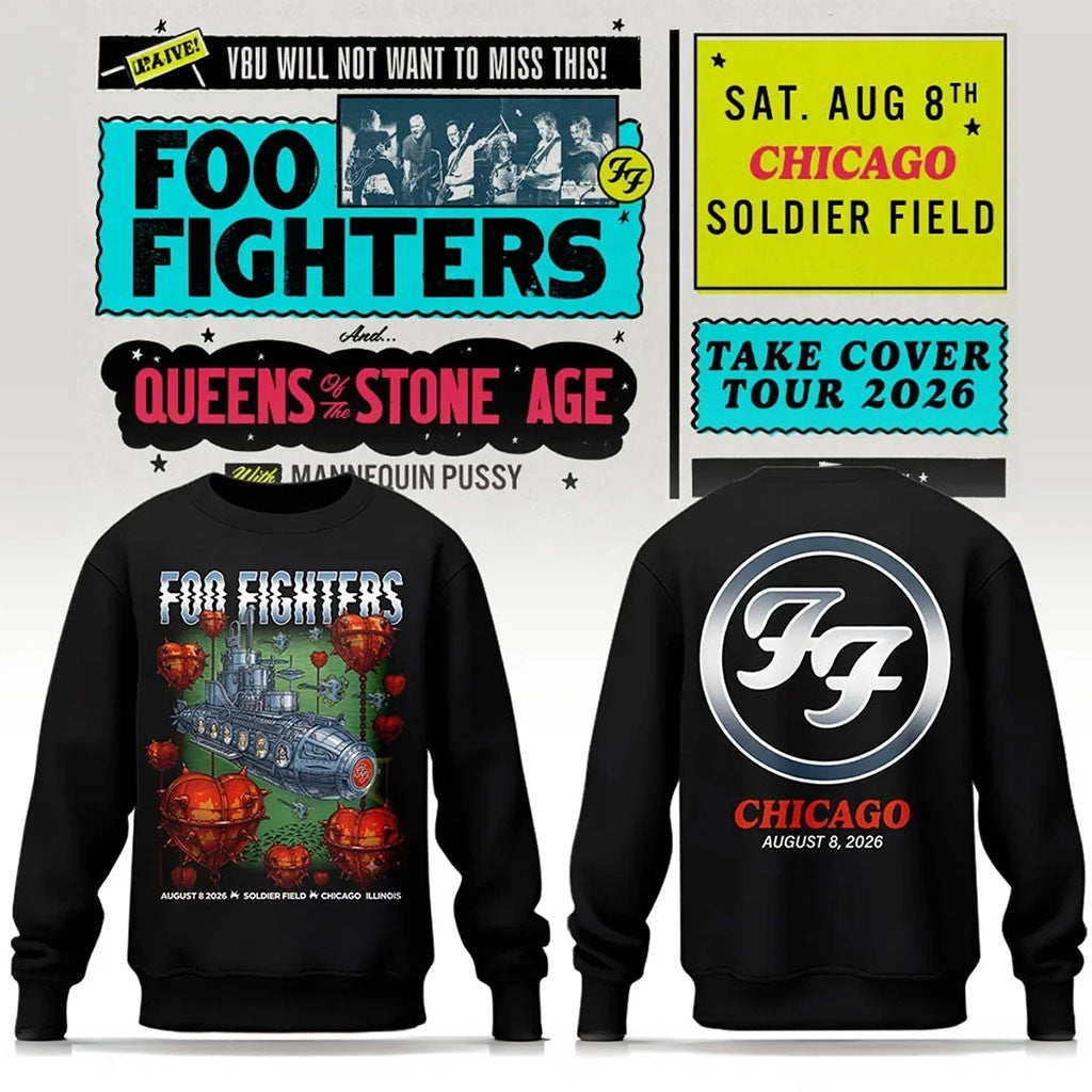 Foo Fighters Merch 2026 Take Cover Tour Chicago IL Sweatshirt Black FF Tour Merch Fan Gifts - Merchluma