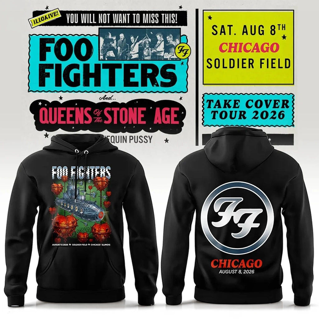 Foo Fighters Merch 2026 FF Take Cover Tour Chicago IL Hoodie Black FF Concert Merch Fan Gifts - Merchluma