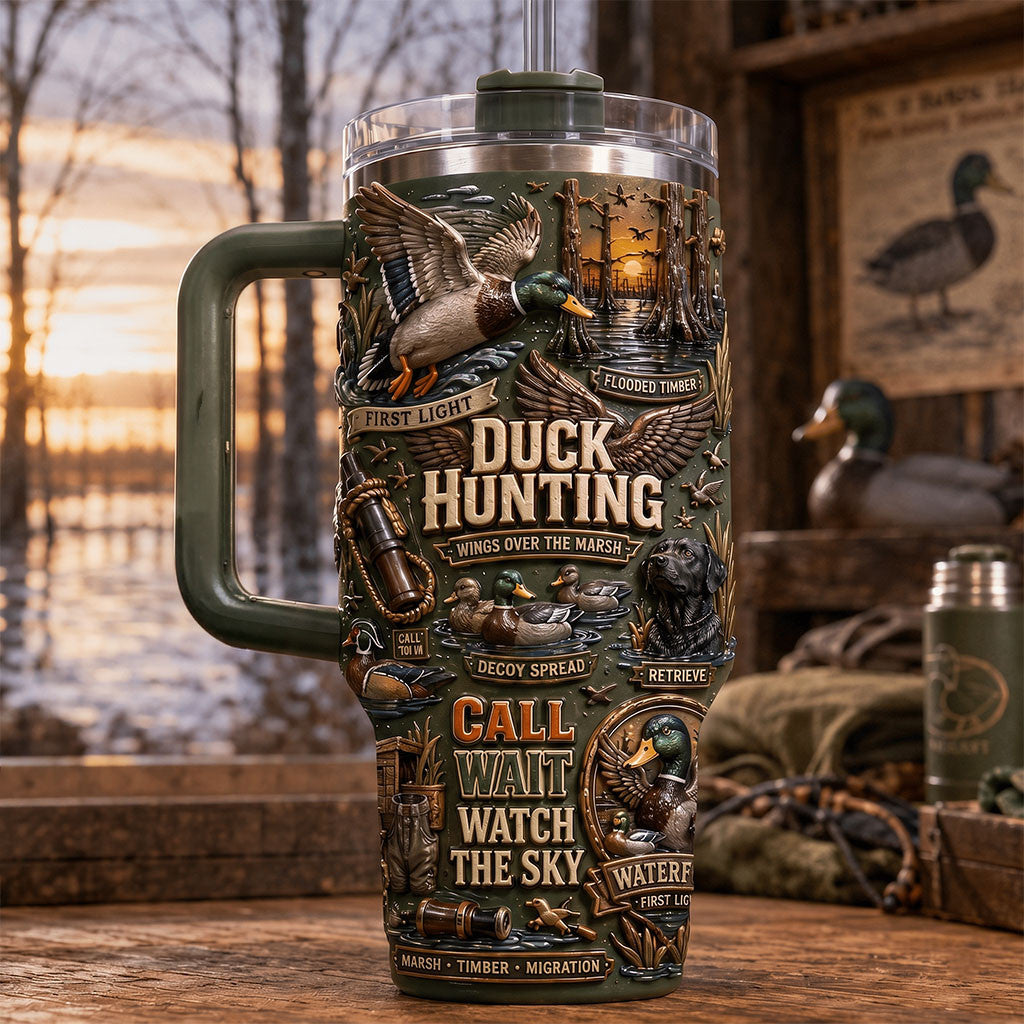 Duck Hunting Wings Over The Marsh Tumbler Call Wait Watch The Sky Travel Cup Hunter Gifts - Merchluma