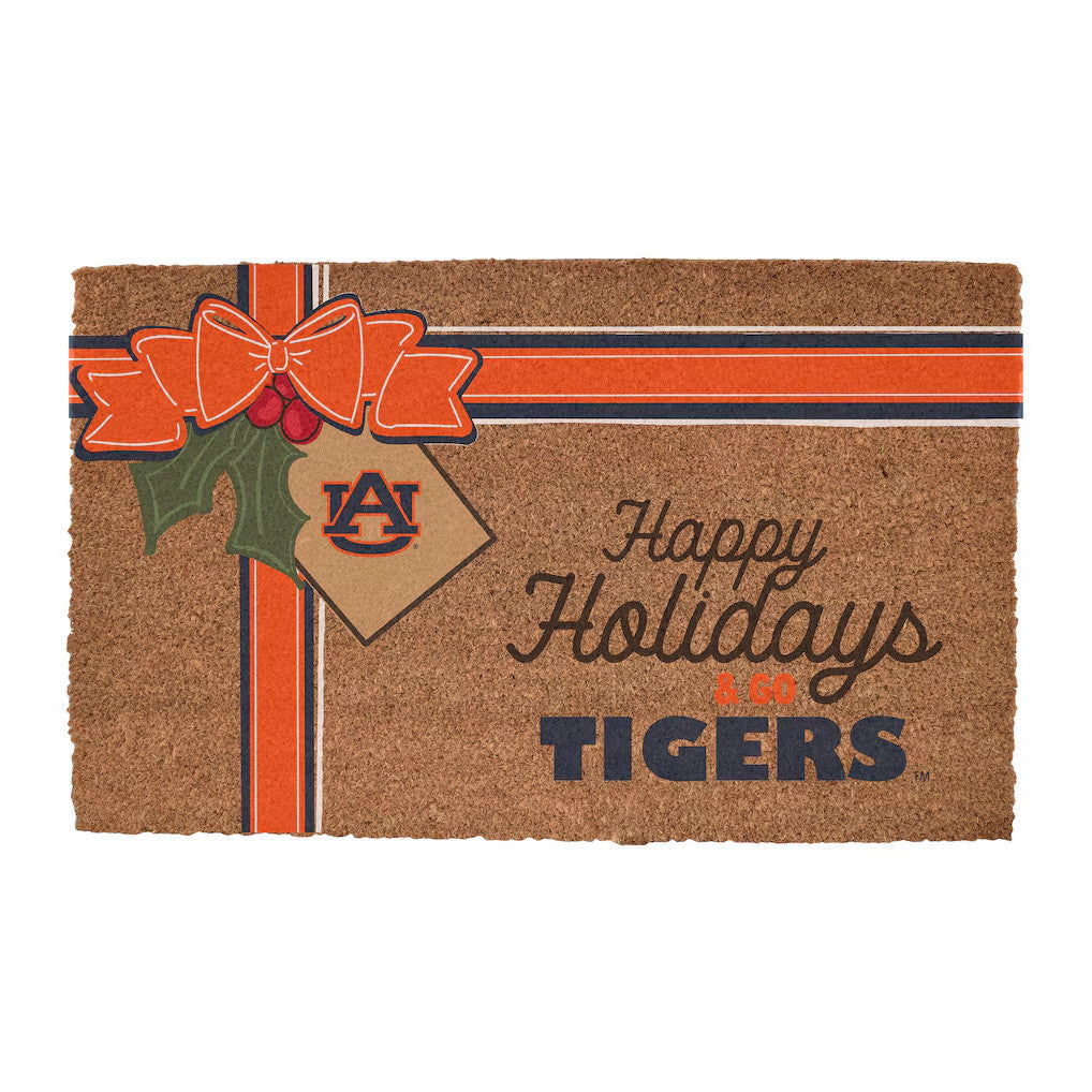 Auburn Tigers Merch 2026 Holiday Gift Wrap Door Mat Happy Holidays And Go Tigers Welcome Mat - Merchluma