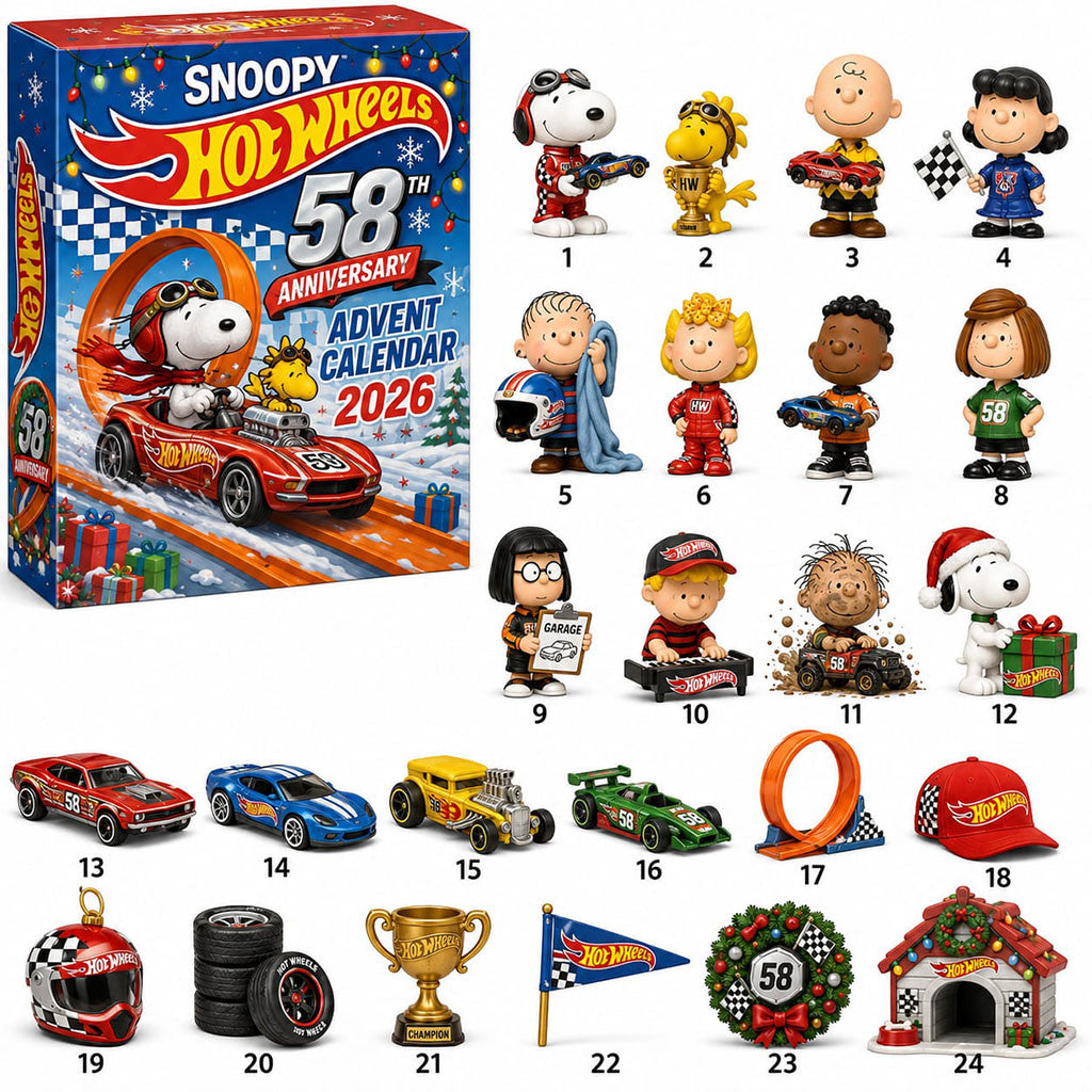 Snoopy Hot Wheels 58th Anniversary 2026 Advent Calendar Snoopy Merch Christmas Gifts Ideas - Merchluma