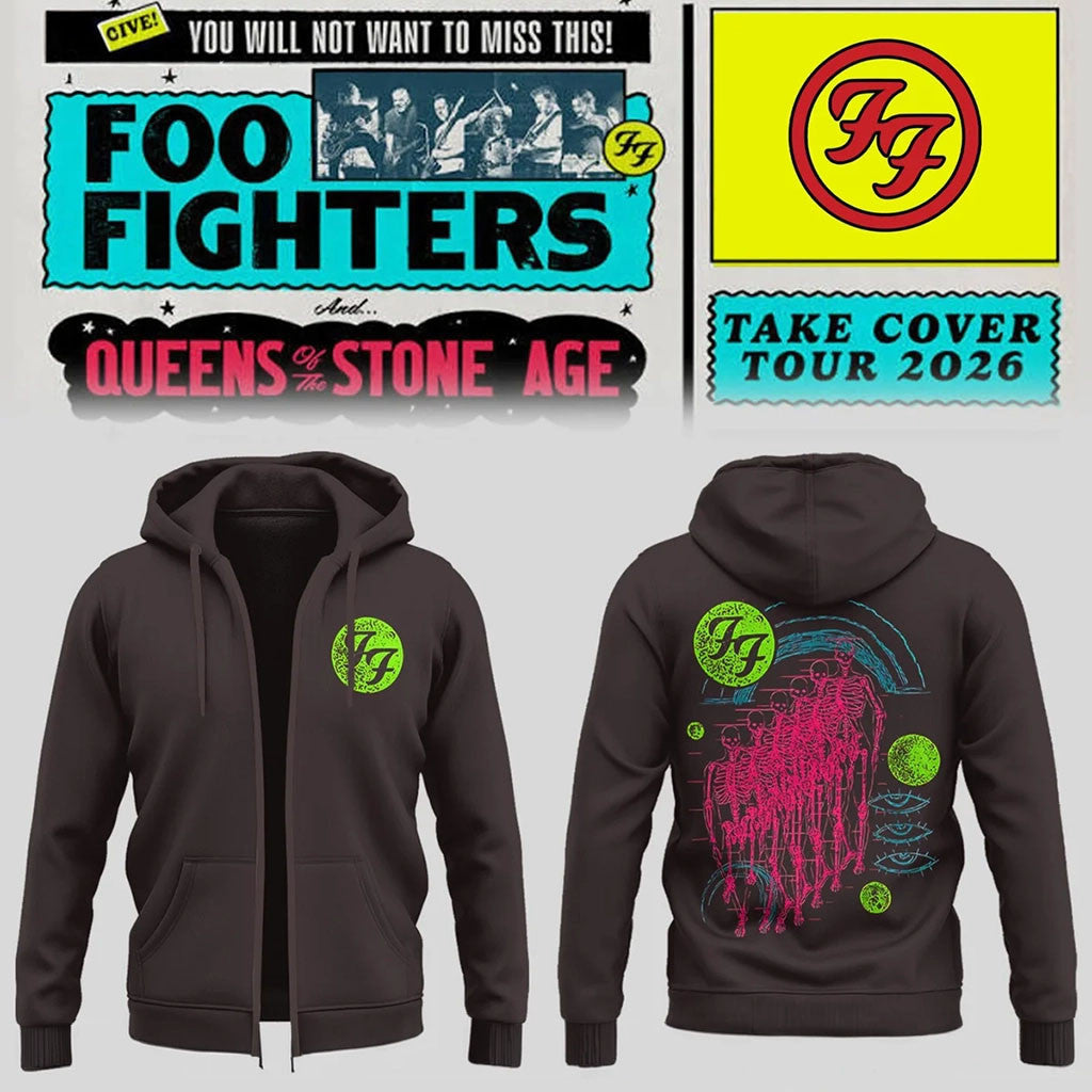 Foo Fighters Take Cover Tour Merch 2026 Neon Skeleton Zip Hoodie Presents For Rock Lovers - Merchluma