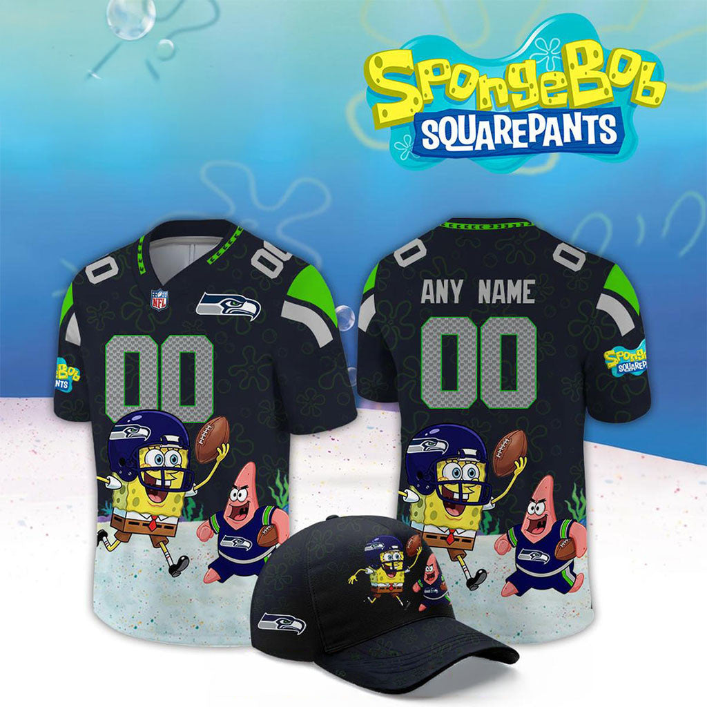 Custom Seattle Seahawks X SpongeBob Squarepants 2026 Night Jersey Seattle Seahawks Merch - Merchluma