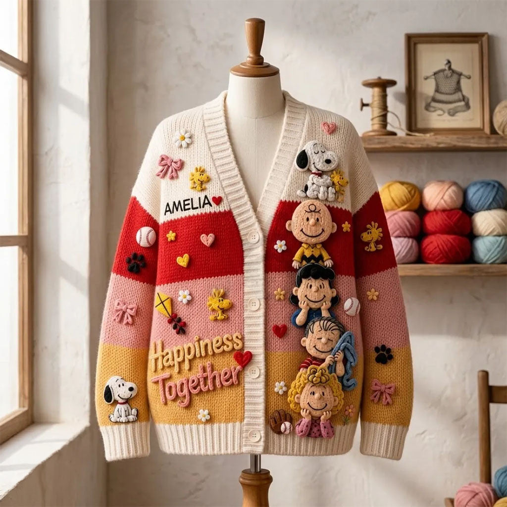 Personalized Peanuts Comic Characters Cardigan Happiness Together Peanuts Merch Cute Gifts - Merchluma