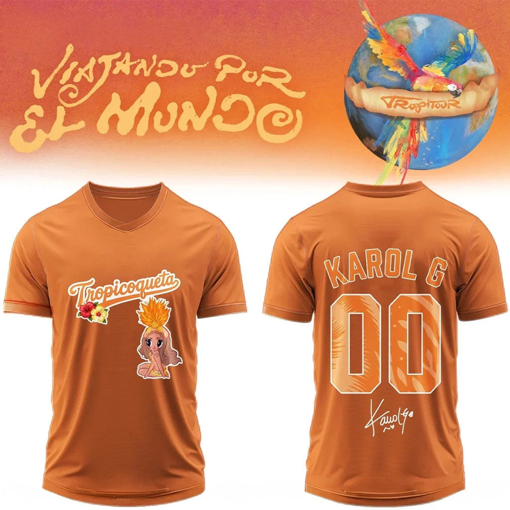 Custom Karol G Nos Vamos de Tour Signature V-Neck Jersey Orange Karol G Merch Music Fan Gear - Merchluma