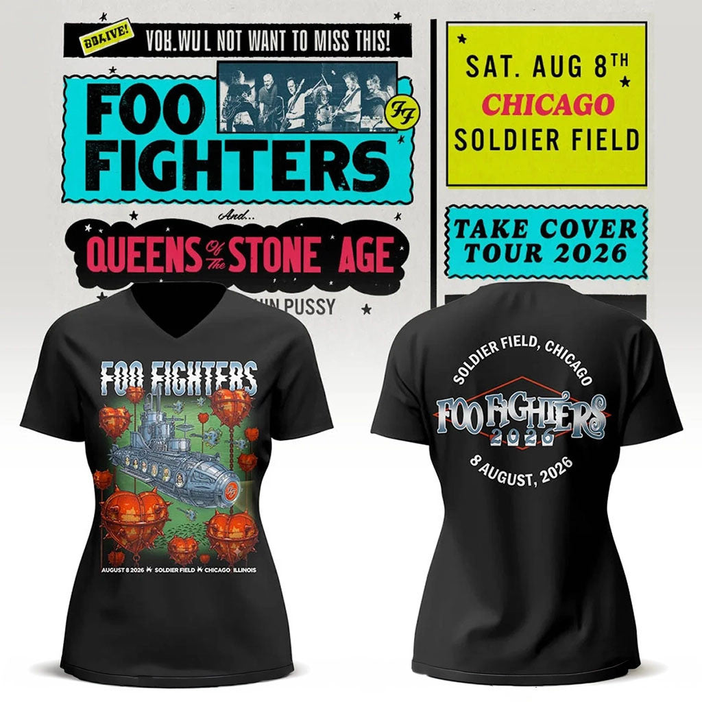 Foo Fighters Merch FF Take Cover Tour 2026 In Chicago Il V-Neck T-Shirt Music Fan Gift For Her - Merchluma