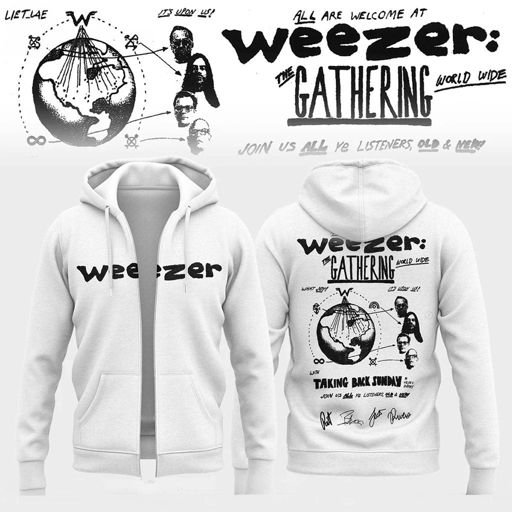 Weezer Merch The Gathering World Wide Signature Zip Hoodie White Gifts For Rock Fans - Merchluma
