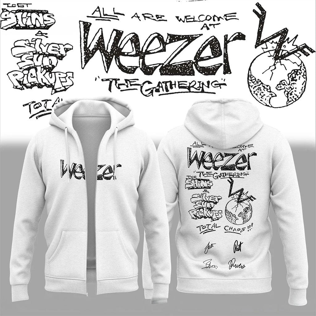 Weezer The Gathering World Wide Signature Zip Hoodie White Weezer Merch Rock Lovers Gifts - Merchluma