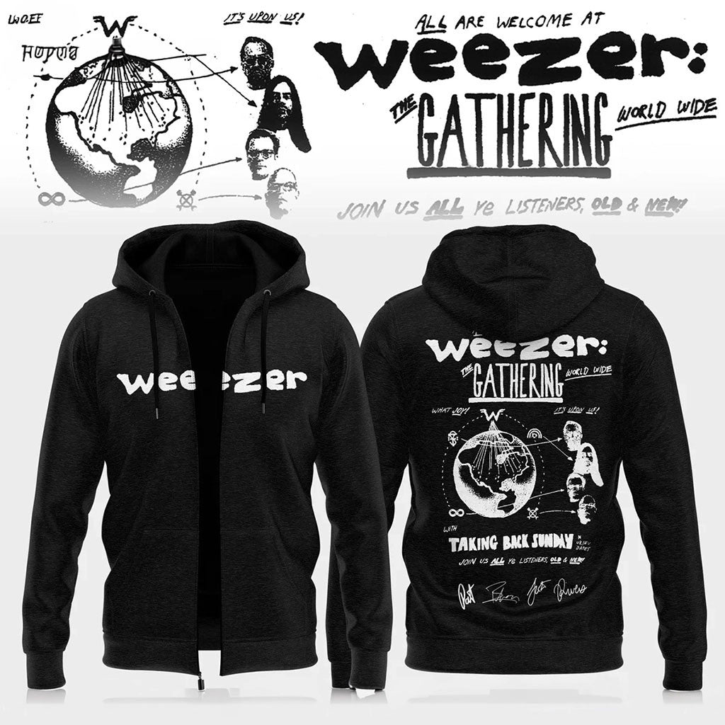 Weezer The Gathering World Wide Signature Zip Hoodie Black Weezer Merch Gifts For Rock Lovers - Merchluma