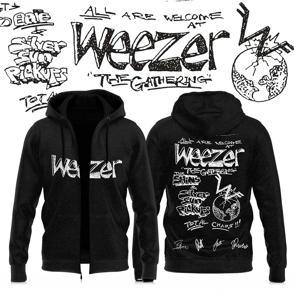 Weezer The Gathering World Wide Signature Zip Hoodie White Weezer Merch Gifts For BFF - Merchluma