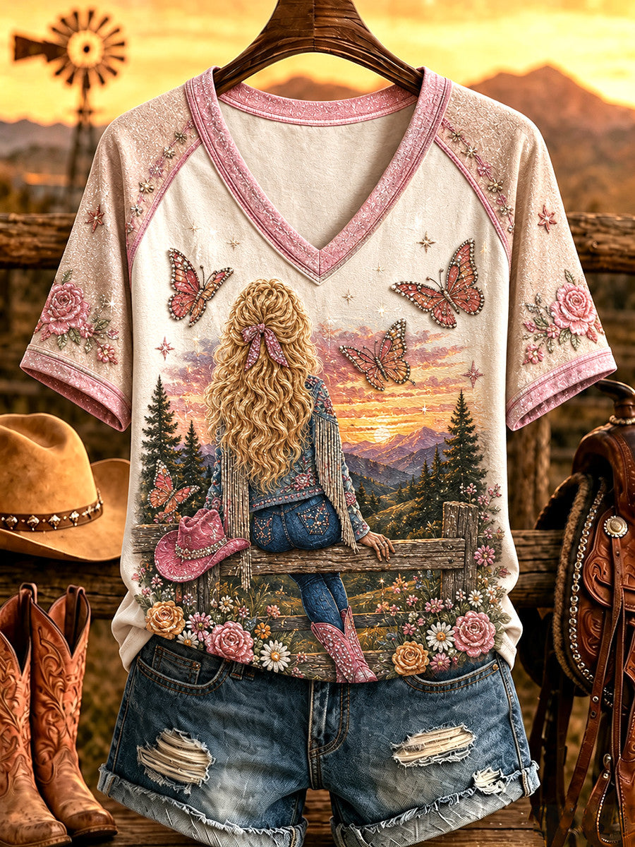 Dolly Parton Memorial Merch Country Music Legend Tribute Butterfly V-Neck Shirt Gift For Her - Merchluma