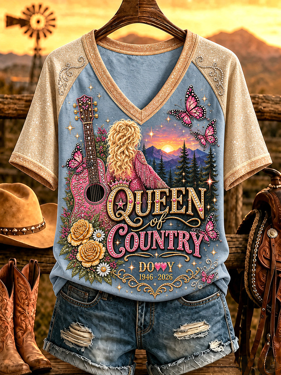 Dolly Parton Memorial Merch Queen Of Country 1946 2026 V-Neck Shirt Tribute Gifts - Merchluma