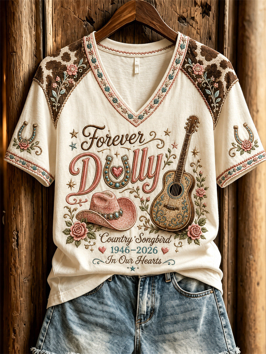 Dolly Parton Merch Forever Dolly Country Songbird 1946 2026 V-Neck Shirt In Our Hearts Tee - Merchluma