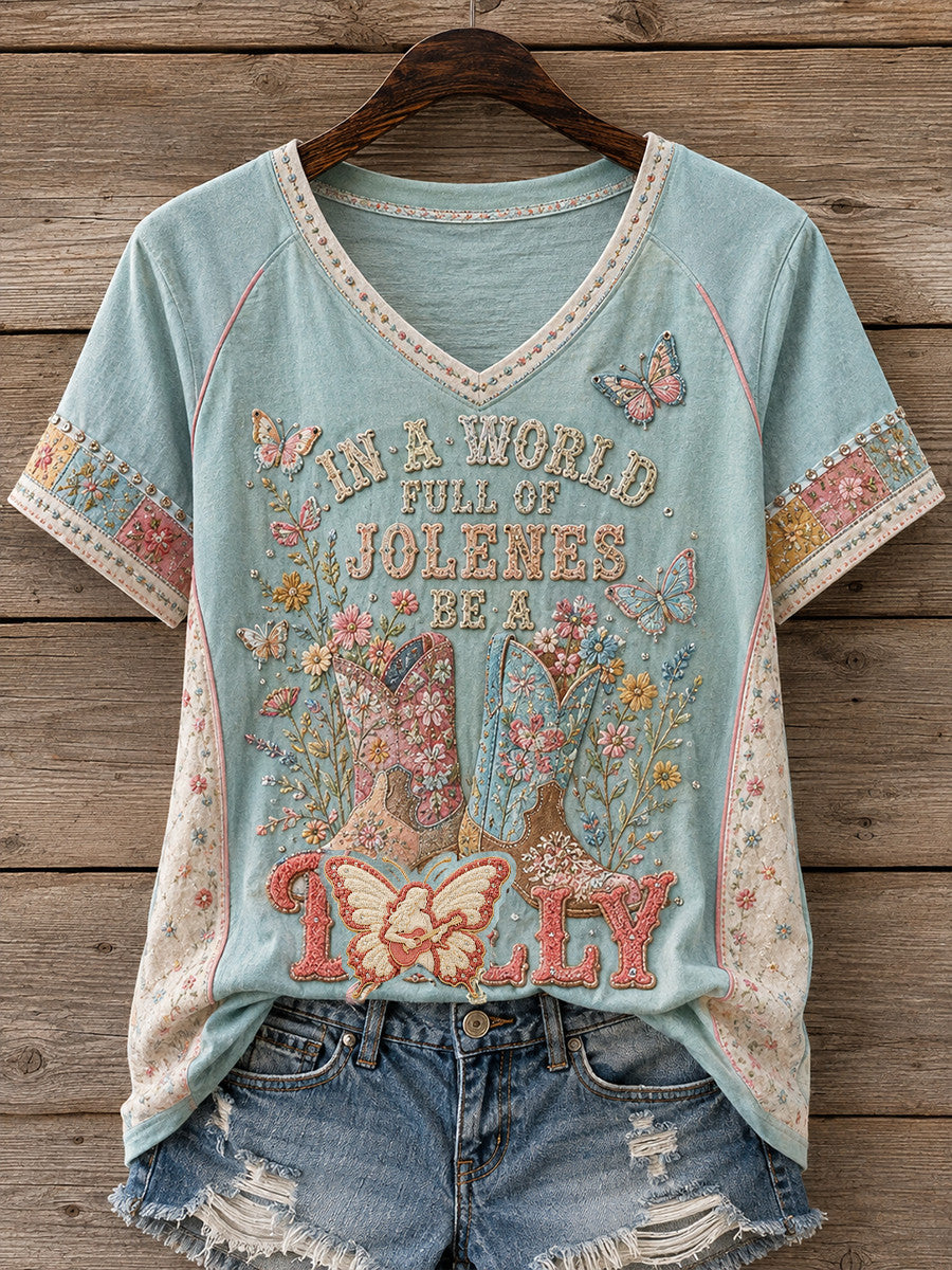 Dolly Parton Merch In A World Full Of Jolenes Be A Dolly V-Neck Shirt Floral Cowboy Boots Tee - Merchluma
