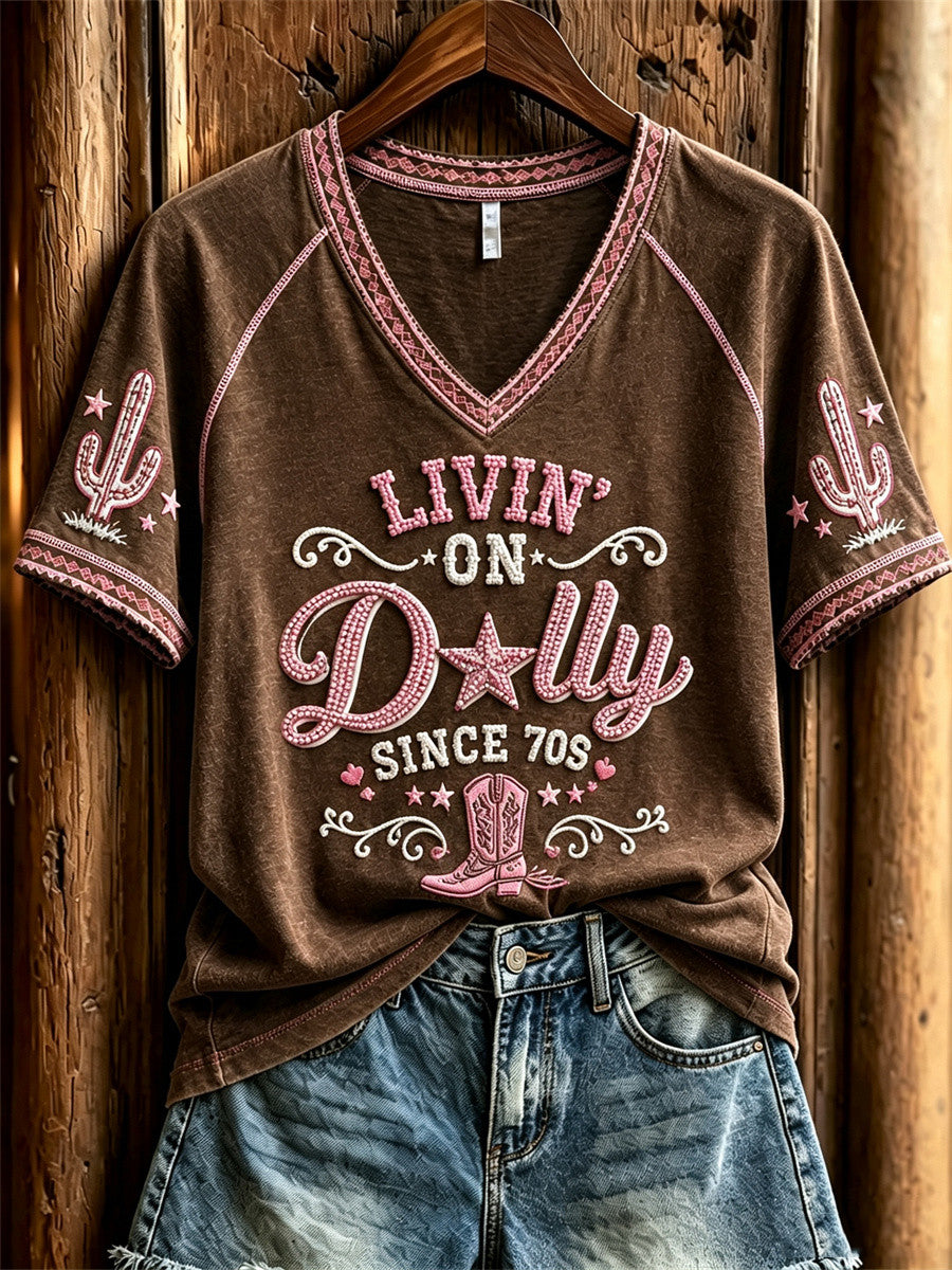Dolly Parton Merch Livin' On Dolly Since 70s V-Neck Shirt RIP Dolly Parton Merchandise Gifts - Merchluma