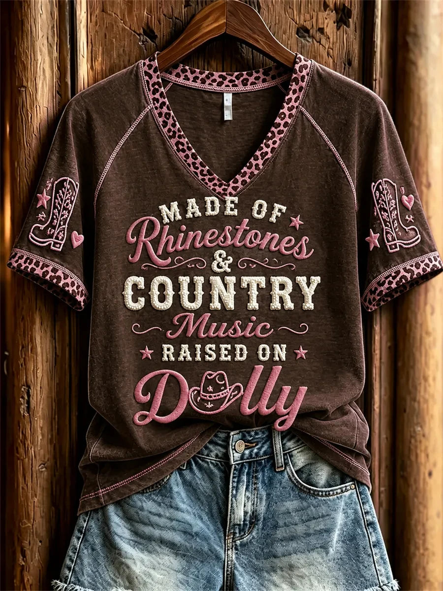 Dolly Parton V-Neck Shirt Made Of Rhinestones And Country Music Raise On Dolly Parton Merch - Merchluma