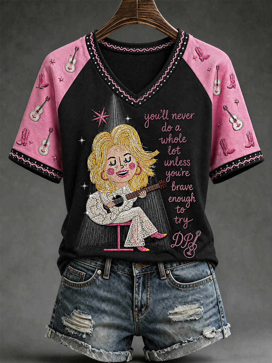 Dolly Parton Merch You'll Never Do A Whole Lot Unless You're Brave Enough To Try V-Neck Shirt - Merchluma