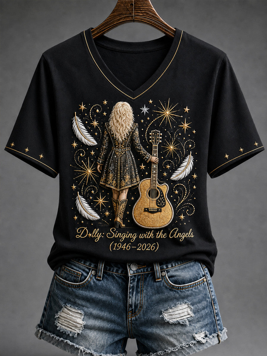 Dolly Parton Singing With The Angels V-Neck Shirt 1946 2026 RIP Dolly Parton Clothing For Fans - Merchluma